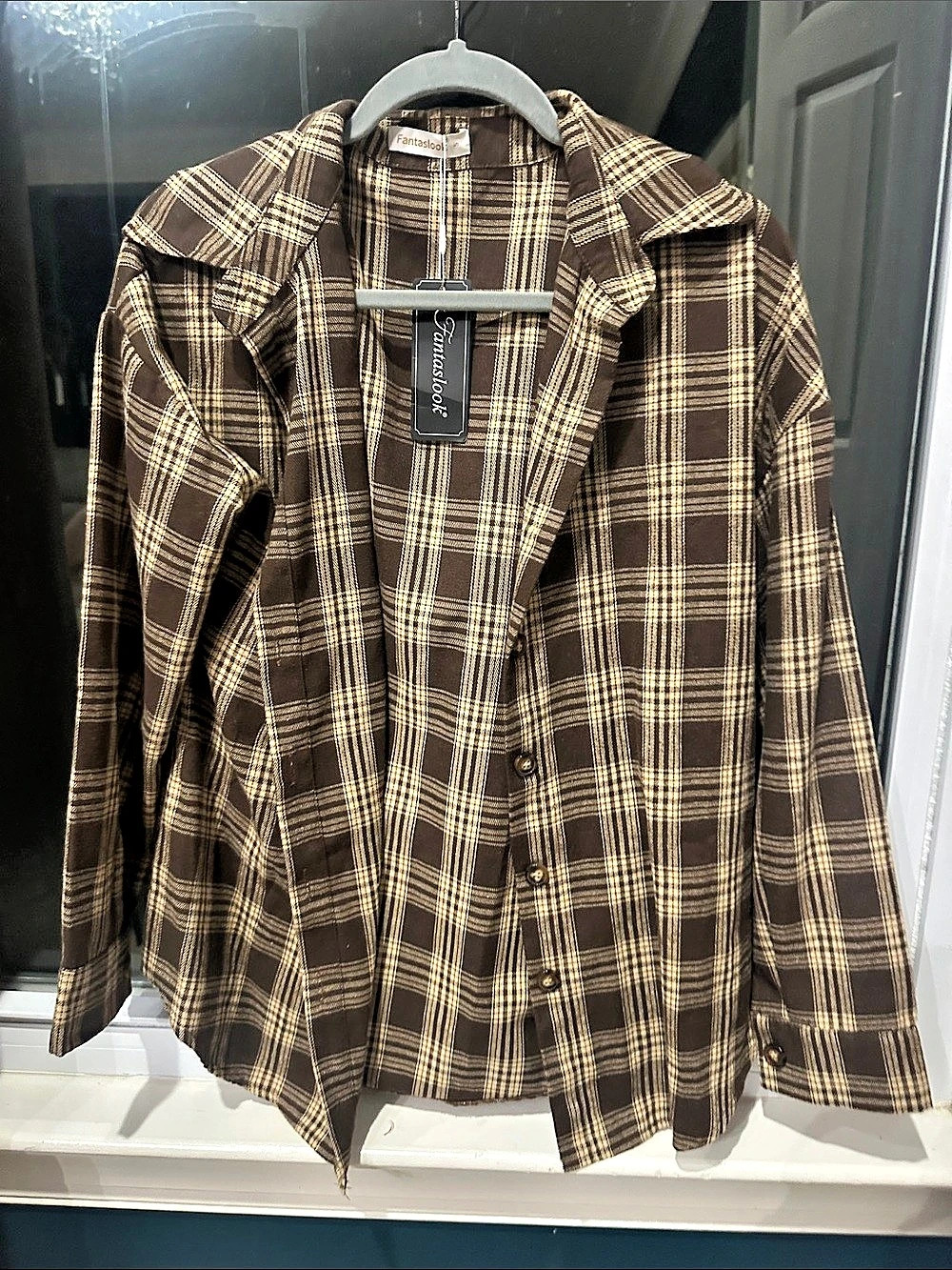 Fantaslook Plaid Flannel Button Down Shirt Brown & Cream Small NWT